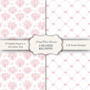 1:12 Scale Dollhouse Pink Toile Wallpaper Bundle | French Country Cottage Maileg Mouse Room Decor | 6 Miniature Wallpapers Instant Download image 4