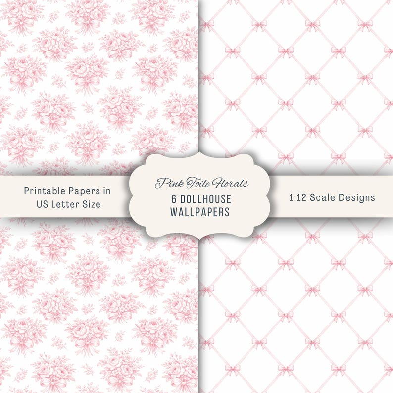 1:12 Scale Dollhouse Pink Toile Wallpaper Bundle | French Country Cottage Maileg Mouse Room Decor | 6 Miniature Wallpapers Instant Download image 4