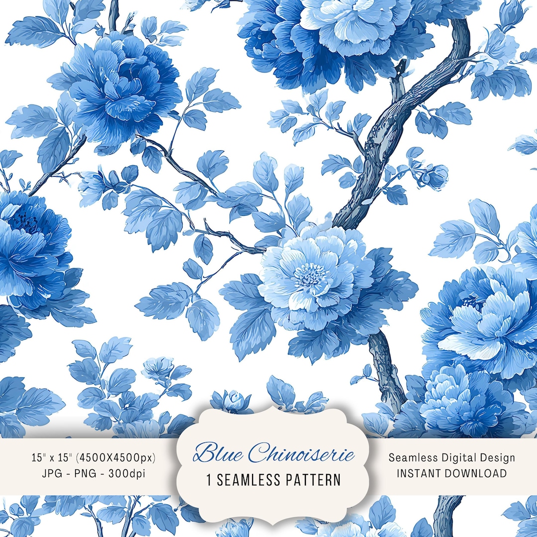 Blue Toile De Jouy Chinoiserie Floral Seamless Pattern 15x15in ...