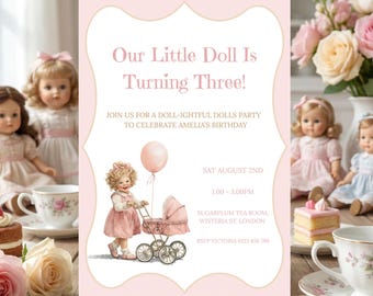 Baby Doll Birthday Party Invitation Canva Template, Watercolor Vintage Baby Doll Party Invitation, Girl Age 3 Digital Printable Invitation