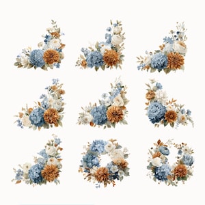 May include: Nine floral arrangements featuring blue hydrangeas, white roses, and rust-colored dahlias. The arrangements are in corner and wreath shapes, perfect for digital design or crafting projects. The flowers are set against a clean white background.
