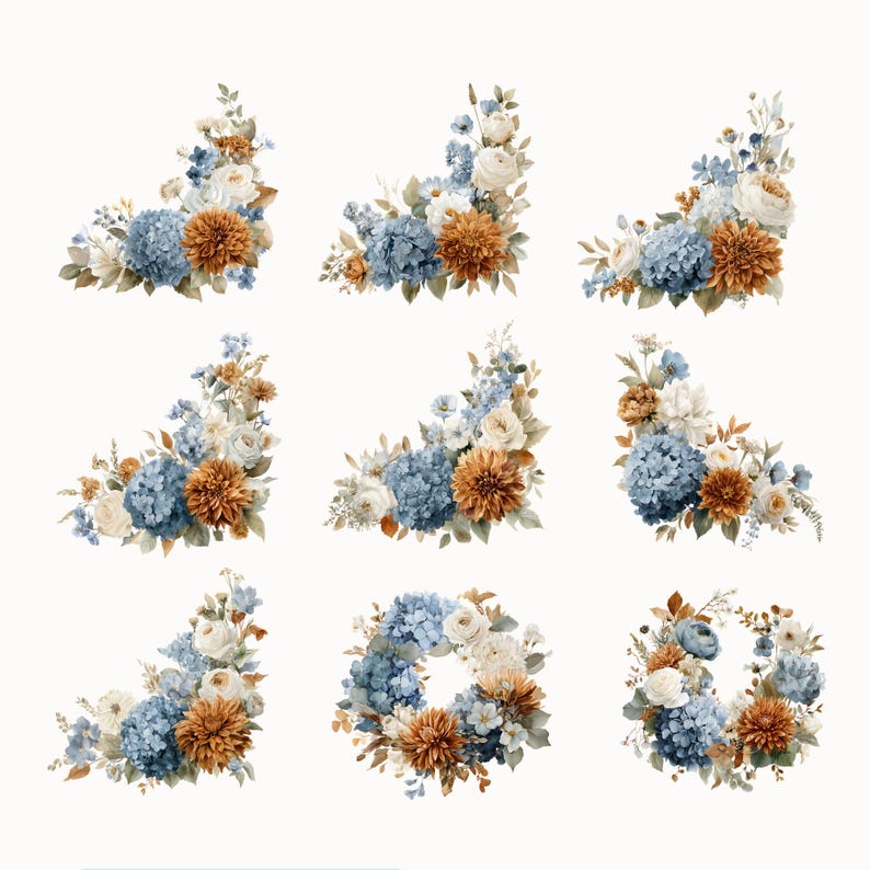 May include: Nine floral arrangements featuring blue hydrangeas, white roses, and rust-colored dahlias. The arrangements are in corner and wreath shapes, perfect for digital design or crafting projects. The flowers are set against a clean white background.