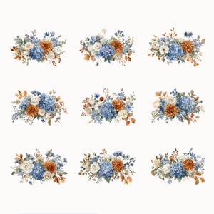 May include: Nine watercolor floral arrangements featuring blue hydrangeas, orange dahlias, and white roses. The bouquets are arranged on a white background, with various green and brown foliage accents. The overall aesthetic is soft and romantic.