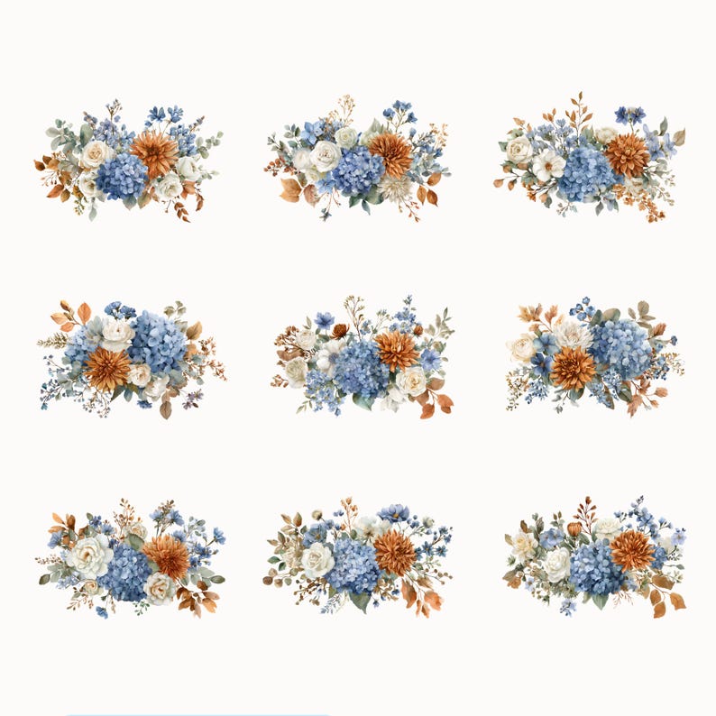May include: Nine watercolor floral arrangements featuring blue hydrangeas, orange dahlias, and white roses. The bouquets are arranged on a white background, with various green and brown foliage accents. The overall aesthetic is soft and romantic.