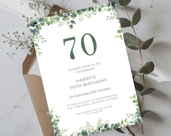Adult personalized 70th birthday party digital invitation, eucalyptus greenery gender neutral Canva  template, INSTANT DOWNLOADABLE 5 x 7in
