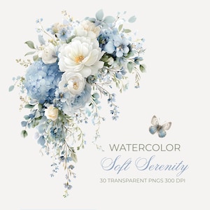 Op de afbeelding: Waterverfillustratie van een bloemstuk met witte rozen, blauwe hortensia's en bladeren. Een lichtblauwe vlinder staat in de buurt van de tekst "Soft Serenity". De afbeelding heeft een zacht, pastelkleurig kleurenpalet, ideaal voor digitale kunstprojecten.