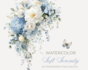Watercolor Powder Blue & Ivory Floral Clipart Pack | 30 Flower Arrangements And Butterflies Pngs | Dusty Blue Wedding Baby Shower Flowers