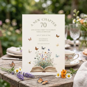 A New Chapter 70th Birthday Party Invitation Canva Template, Floral Book Wildflowers & Butterflies Editable Digital Printable Invite Seventy