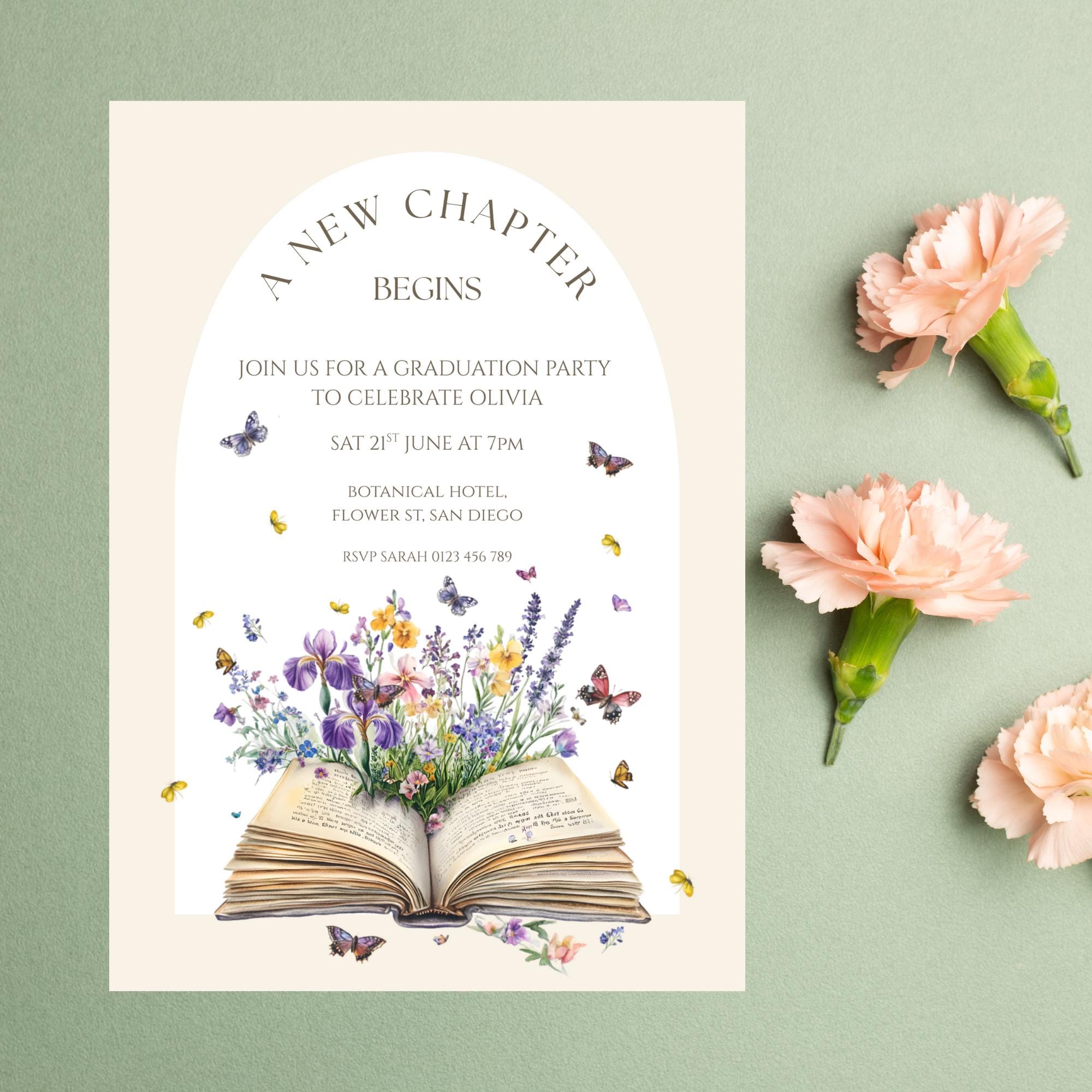 A New Chapter Begins Graduation Invitation Template, Wildflowers, Book ...