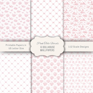 1:12 Scale Dollhouse Pink Toile Wallpaper Bundle | French Country Cottage Maileg Mouse Room Decor | 6 Miniature Wallpapers Instant Download