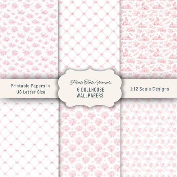 1:12 Scale Dollhouse Pink Toile Wallpaper Bundle | French Country Cottage Maileg Mouse Room Decor | 6 Miniature Wallpapers Instant Download