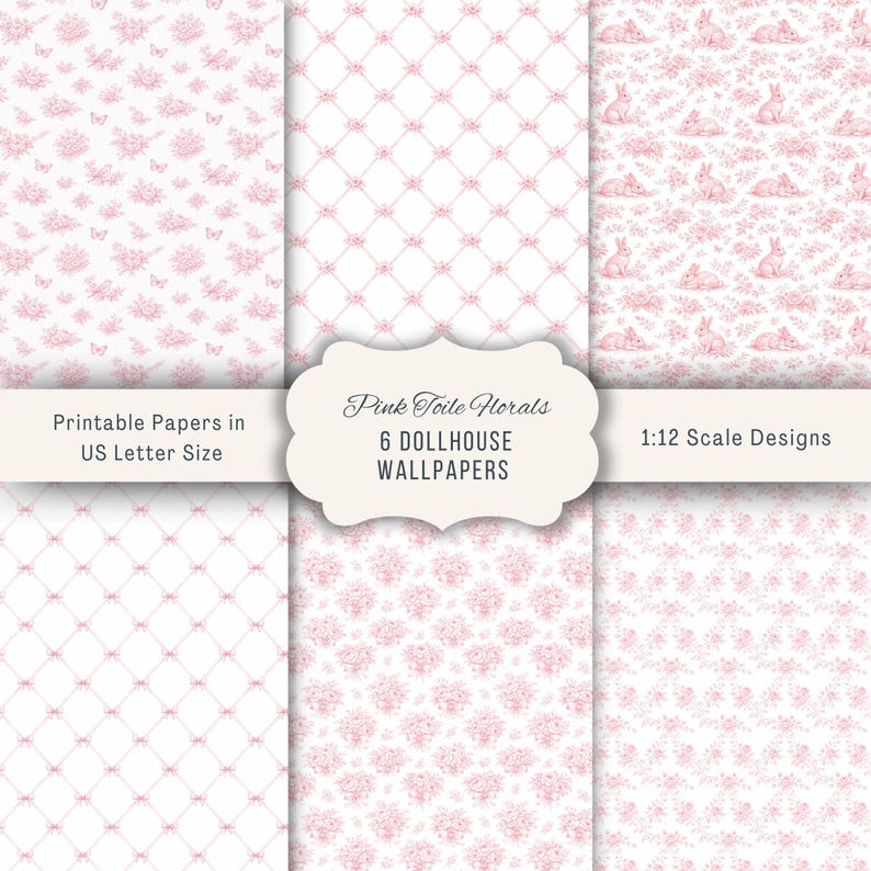 1:12 Scale Dollhouse Pink Toile Wallpaper Bundle | French Country Cottage Maileg Mouse Room Decor | 6 Miniature Wallpapers Instant Download image 1