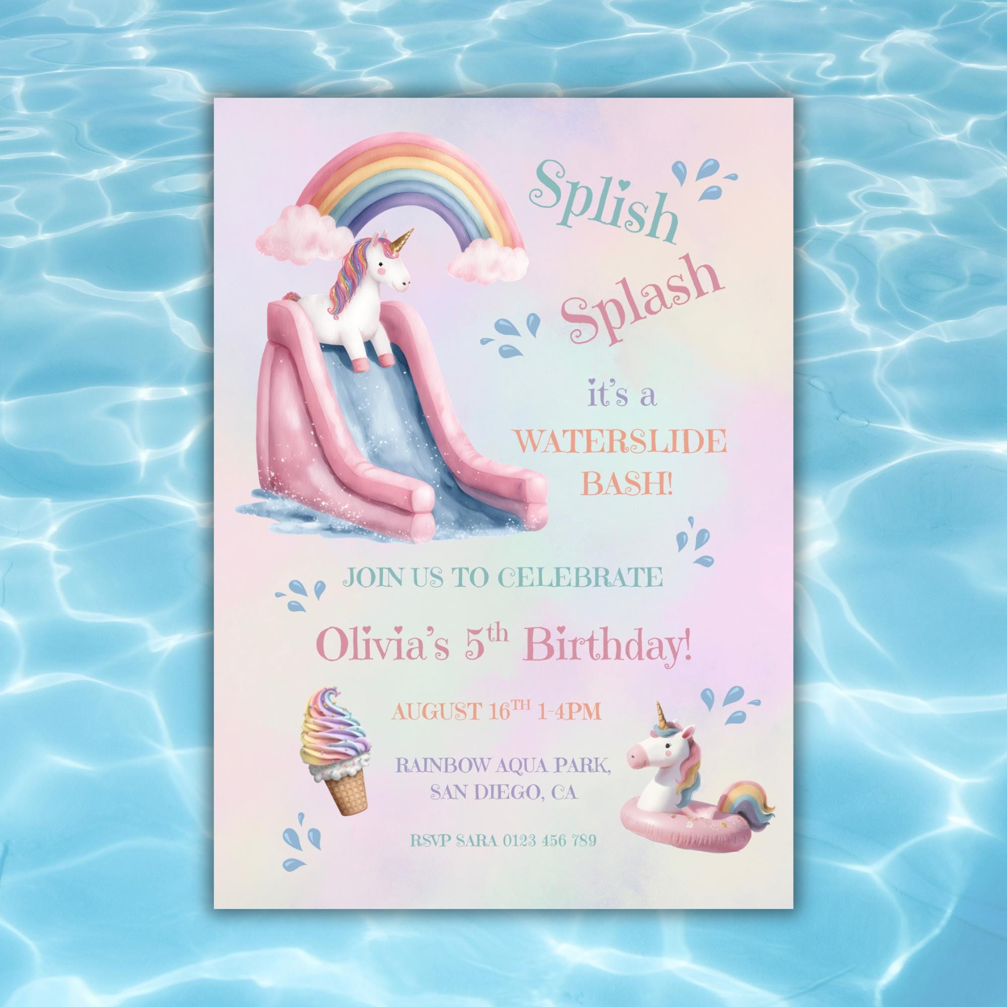 Modello di invito per festa di compleanno in piscina con scivolo acquatico unicorno Canva, invito per festa in piscina con scivolo acquatico unicorno