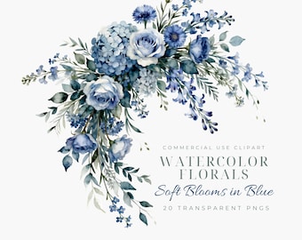 Watercolor Dusty Blue Floral Clipart Pack | 20 Soft Blooms in Blue Flower Arrangements Pngs Botanical Wedding Baby Shower Papercraft Flowers
