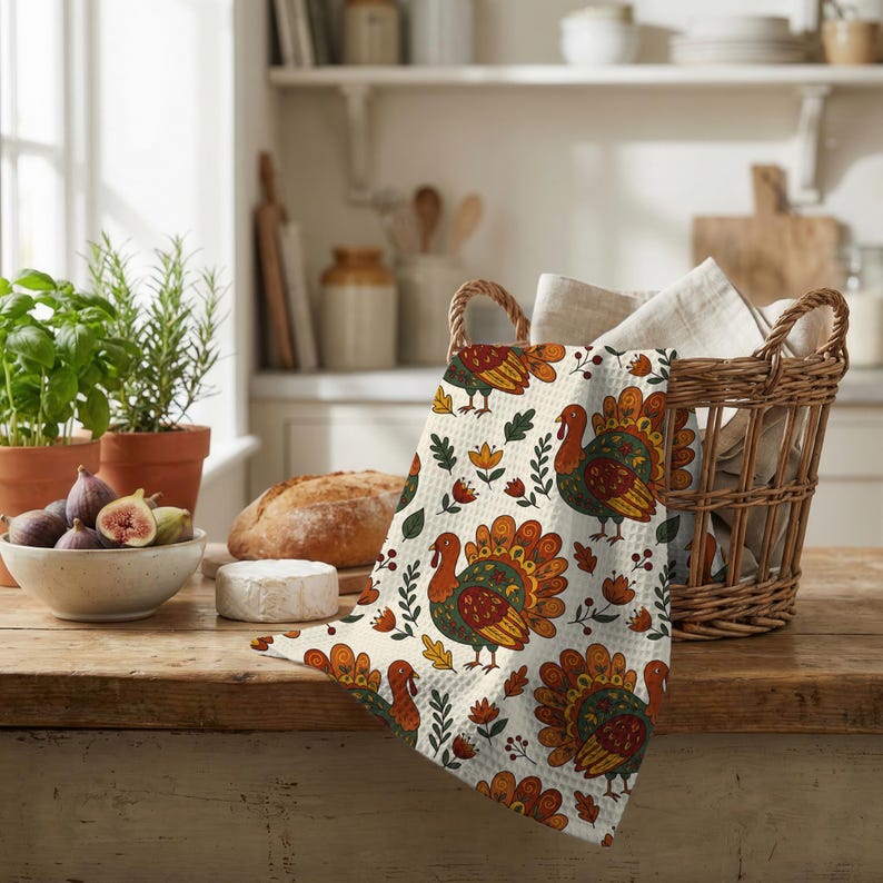 May include: A Thanksgiving-themed kitchen towel with a repeating pattern of colorful turkeys, flowers, and leaves on a cream background. The towel is displayed in a woven basket on a wooden table, alongside fresh produce and bread.