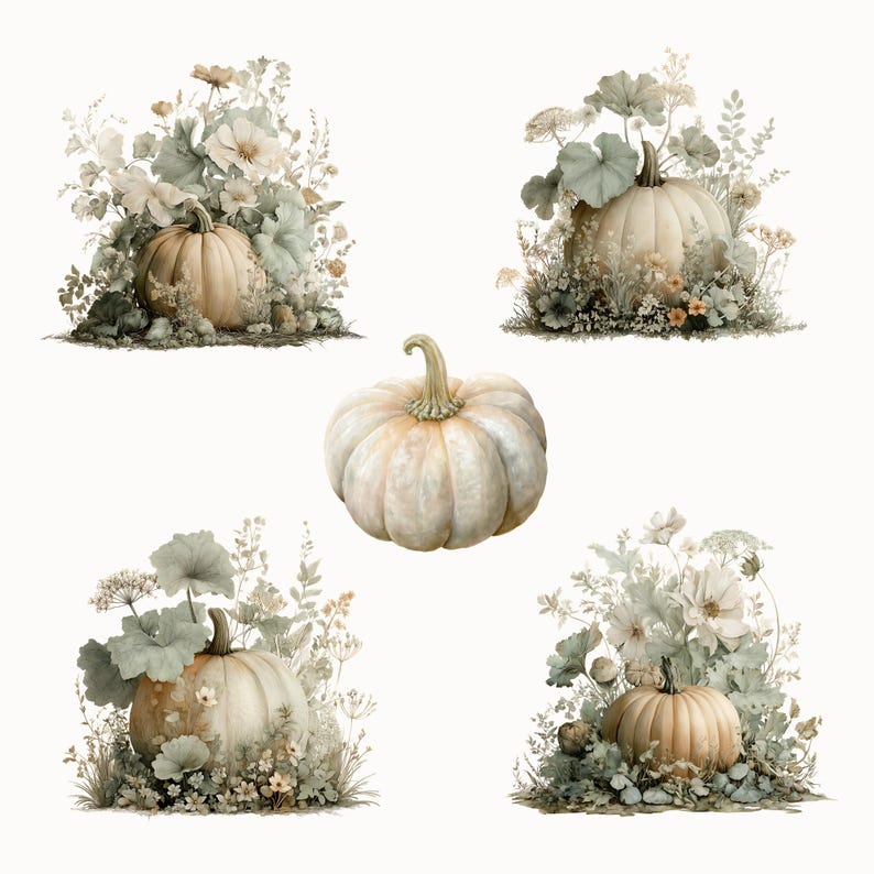 May include: A collection of watercolor illustrations featuring pumpkins and floral arrangements. The pumpkins are in shades of cream and tan, surrounded by green foliage and delicate flowers. The overall aesthetic is soft and autumnal.
