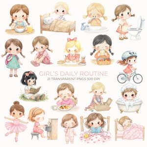 May include: A collection of watercolour illustrations depicting a girl's daily activities, such as eating, brushing teeth, and cycling. The text reads "GIRL'S DAILY ROUTINE" and "21 TRANSPARENT PNGS 300 DPI".