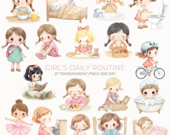 Girl's Daily Routine Watercolor Clipart | Kids Daily Activities Clipart | Toddler Visual Schedule Icons | Girl Morning To Bedtime 21 pngs