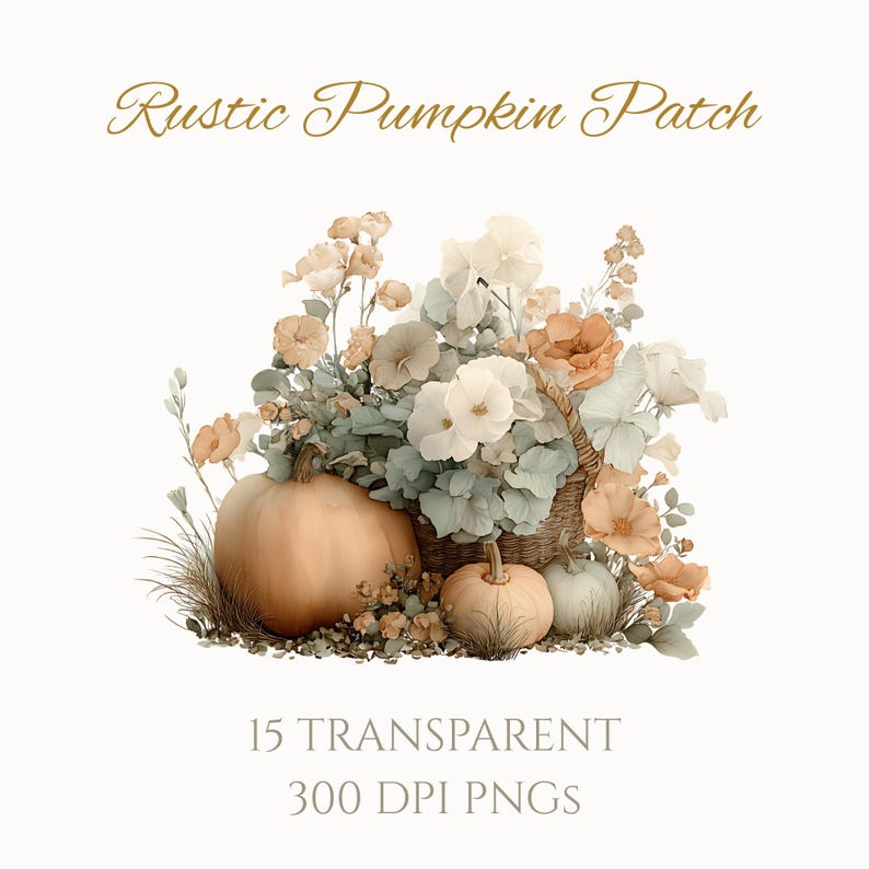 May include: An illustration featuring a rustic pumpkin patch theme. The image showcases a large orange pumpkin, smaller pumpkins, and a basket overflowing with flowers in shades of white, peach, and green. Text reads "Rustic Pumpkin Patch" and "15 Transparent 300 DPI PNGs."