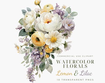 Watercolor Lemon & Lilac Floral Clipart Pack | 10 Trailing Flower Bouquets Pngs | Botanical Wedding Baby Shower Papercraft Scrapbook Flowers