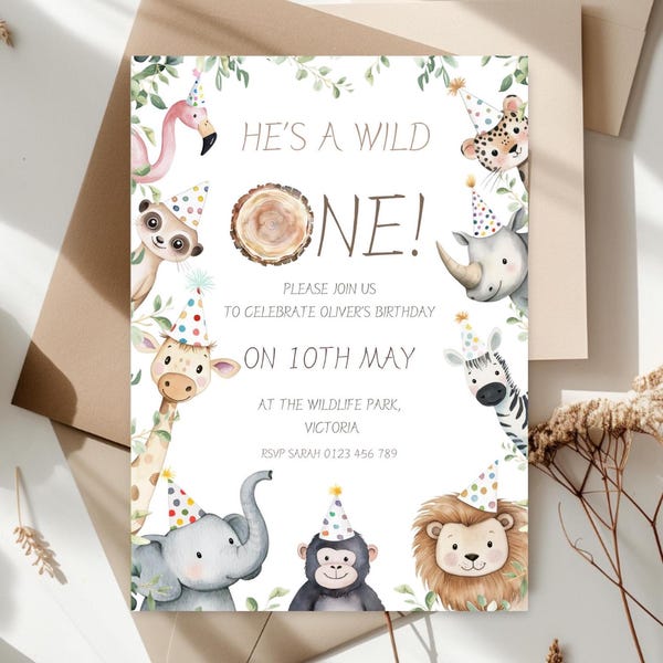 Personalisierte Wild One Party Animals Jungen digitale 1.Geburtstags-Party Einladung, INSTANT DOWNLOAD Canva Vorlage bearbeitbar 5 x 7 in printable