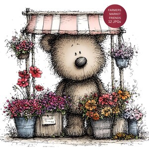 May include: A whimsical illustration of a teddy bear at a flower stand. The bear is surrounded by colorful flowers in buckets and hanging baskets. The stand has a striped awning. Text on the image reads "FARMERS MARKET FRIENDS 12 JPGs".