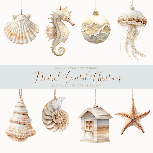 Aquarell Küsten Weihnachten Clipart | 20 Muschel Strand Weihnachtskugel Clipart | Neutrale Strand Weihnachtsschmuck Kommerzielle Nutzung Pngs