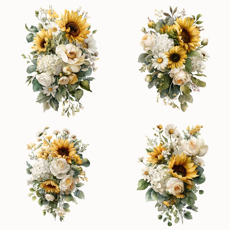 Watercolor Sunflower Floral Bouquets Clipart Pack | 10 Trailing Flower ...