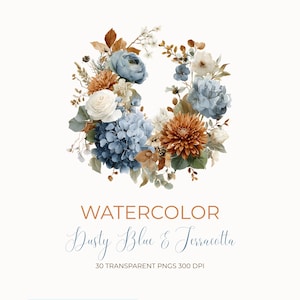 May include: Watercolor floral wreath featuring dusty blue and terracotta flowers. The arrangement includes hydrangeas, roses, and dahlias, with accents of greenery and brown leaves. The text "Watercolor" and "Dusty Blue & Terracotta" are displayed below the wreath.