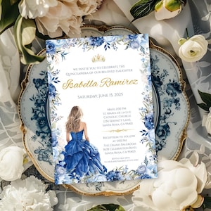 Quinceañera celebration invitation Canva template, Mis Quince Años royal blue flowers & gold tiara editable printable invite girl age 15