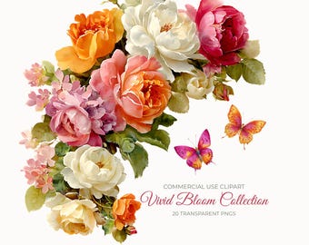 Akvarell livfull blommig clipart 20png | Stark rosa orange elfenbensfärgade blommor | Buketter hörn individuella blommor och fjärilar bröllop clipart