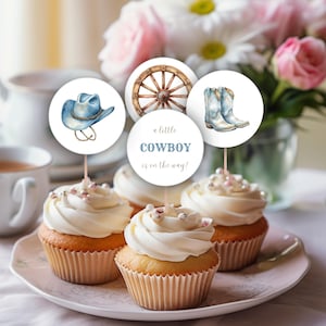 Little Cowboy Western baby shower cupcake topper set da 12 x 2" digitale DOWNLOAD IMMEDIATO pronto per la stampa file PDF, articoli abbinati disponibili