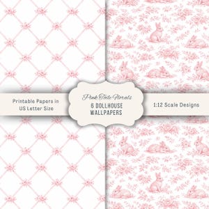 May include: A set of printable dollhouse wallpapers featuring pink toile floral patterns. One design shows a pink lattice with roses, and the other displays rabbits among flowers. Text reads: Pink Toile Florals, 6 DOLLHOUSE WALLPAPERS, Printable Papers in US Letter Size, 1:12 Scale Designs.