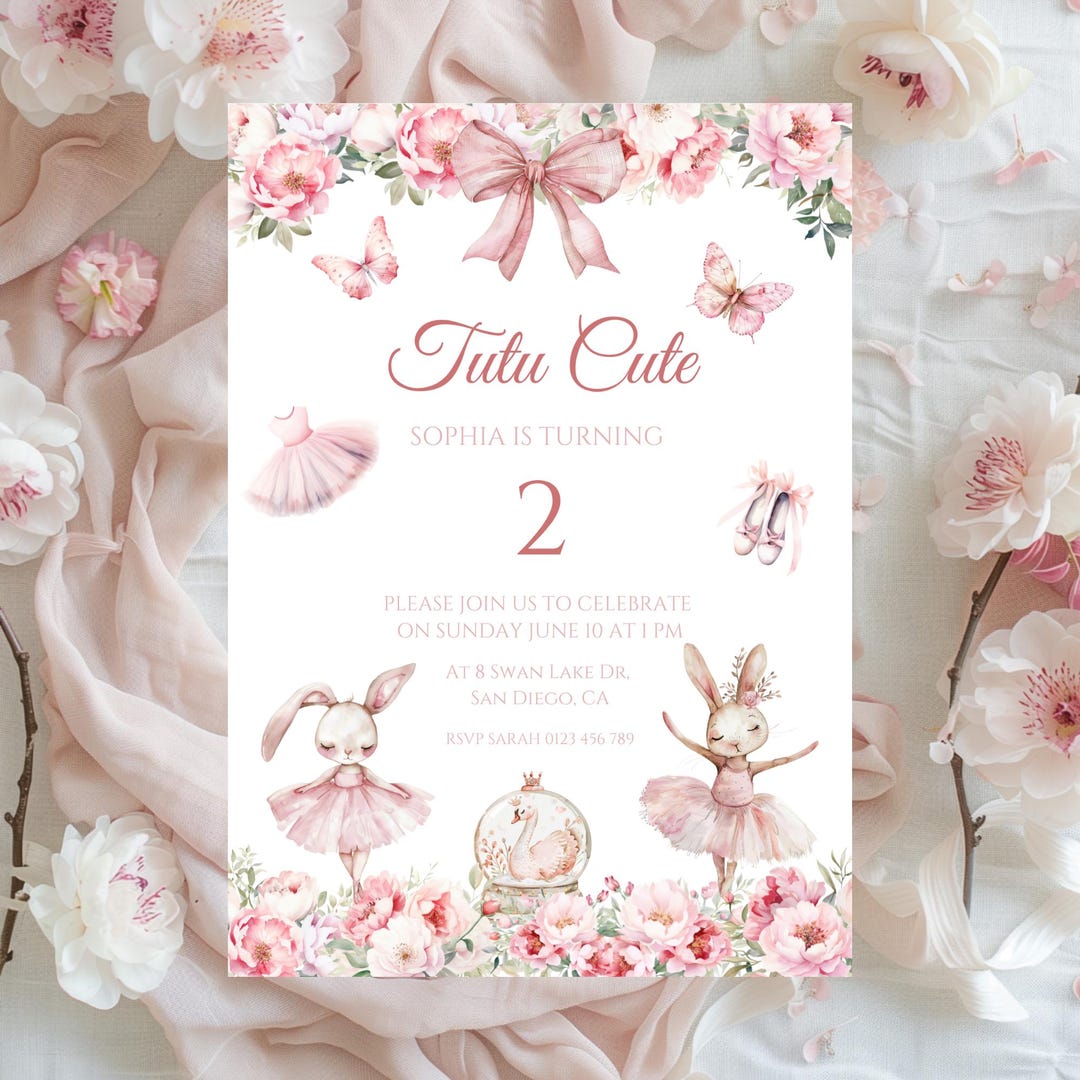 Tutu Cute 2nd Birthday Invitation Canva Template, Ballet Birthday Party ...