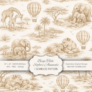 Patrón sin costuras de animales de safari en toile beige de 30 x 30 cm / Papel digital Toile de Jouy de acuarela para guardería, fondo de animales salvajes para madre y bebé