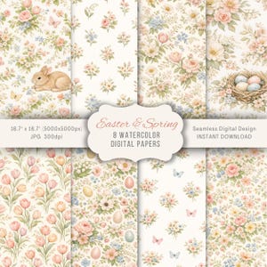 May include: A collection of eight watercolor digital papers with floral and Easter-themed designs. The papers feature pastel colors, including pink, blue, and yellow, with images of bunnies, eggs, and butterflies. The papers are 16.7 inches by 16.7 inches.