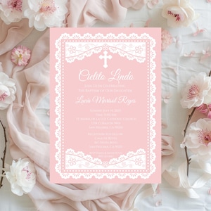 Cielito Lindo Bautizo Baptism Invitation Canva template, pink Mexican Talavera Papel Picado editable baby girl celebration party invite