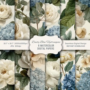 May include: Digital paper set featuring watercolor floral designs. The patterns include white roses, blue hydrangeas, and green foliage. The text on the image reads "Dusty Blue Hydrangeas" and "6 Watercolor Digital Papers". Each paper measures 16.7 inches by 16.7 inches.