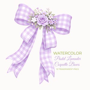 Op de afbeelding: Waterverfillustratie van een grote lavendelkleurige ruitjesstrik versierd met een bloemencluster. De strik heeft lange linten en is versierd met een roos, kleine witte bloemen en groene bladeren. Tekst: "Watercolor Pastel Lavender Coquette Bows".