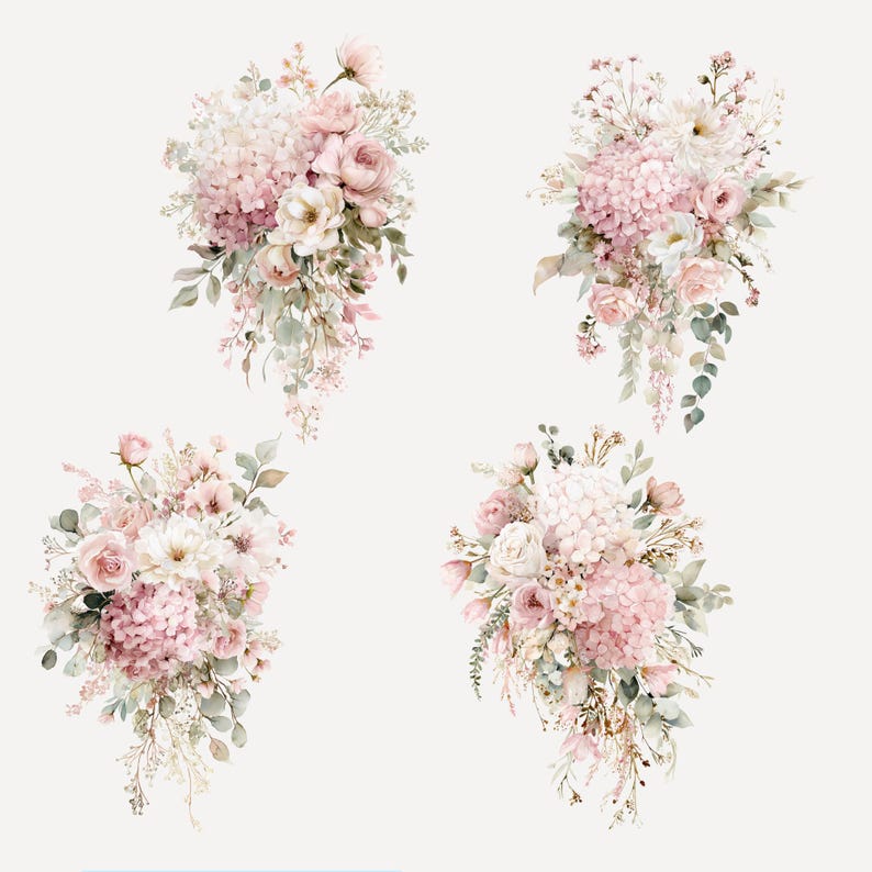 May include: Four watercolor bouquets featuring a variety of flowers in shades of pink, white, and green. The bouquets include roses, hydrangeas, and other delicate blooms, arranged with trailing greenery.
