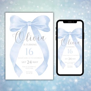 May include: A light blue watercolour invitation featuring a bow design. The invitation reads "Olivia is turning 16" and includes event details: date, time, and location. A smartphone displays the same invitation.
