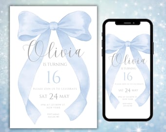 Blue Bow 16th Birthday Party Invitation Canva Templates | Coquette Bow Editable Evite Age 16 | Girl Sweet 16 Bow Mobile And Printable Invite