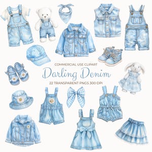 Blue Jean Baby Clipart | Watercolor Denim Baby Boy & Girl Clothes | 22 Baby Denim Clothing Clipart Pngs Baby Shower Junk Journal Clipart