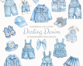 Blue Jean Baby Clipart | Watercolor Denim Baby Boy & Girl Clothes | 22 Baby Denim Clothing Clipart Pngs Baby Shower Junk Journal Clipart