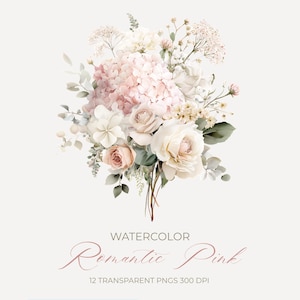 May include: Watercolor illustration of a bouquet featuring pink hydrangeas, cream roses, and delicate greenery. The text "Watercolor Romantic Pink" is displayed in a cursive font. The image also includes the text "12 Transparent PNGs 300 DPI".