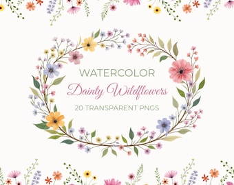 Watercolor Dainty Wildflowers Clipart | 20 Floral Bouquets Frames Corners Borders PNGs | Cottagecore Wedding POD Papercraft Cards Flowers