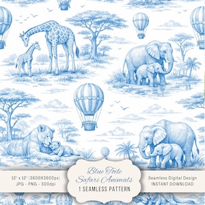 Blue Toile Safari Animals Seamless Pattern 12x12in | Watercolor Nursery Toile De Jouy Digital Paper Mother & Baby Wild Animal Background