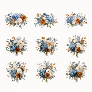 May include: Nine watercolor bouquets featuring blue hydrangeas, orange dahlias, and white roses. Each arrangement includes various greenery and is tied together. The bouquets are arranged on a white background.