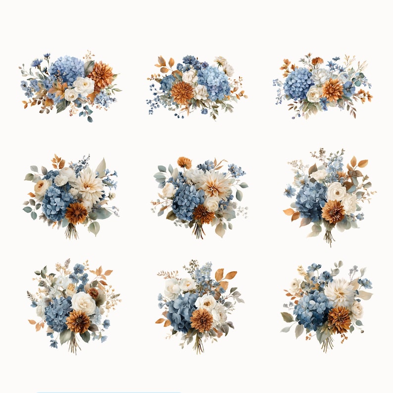 May include: Nine watercolor bouquets featuring blue hydrangeas, orange dahlias, and white roses. Each arrangement includes various greenery and is tied together. The bouquets are arranged on a white background.