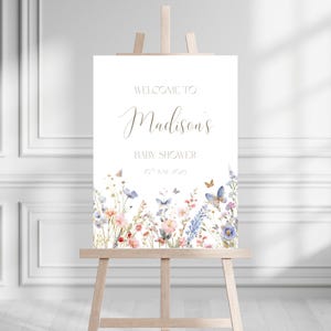 Wildflower Baby Shower Welcome Sign Template, baby in bloom wildflowers and butterflies baby shower signs, digital party decor signage